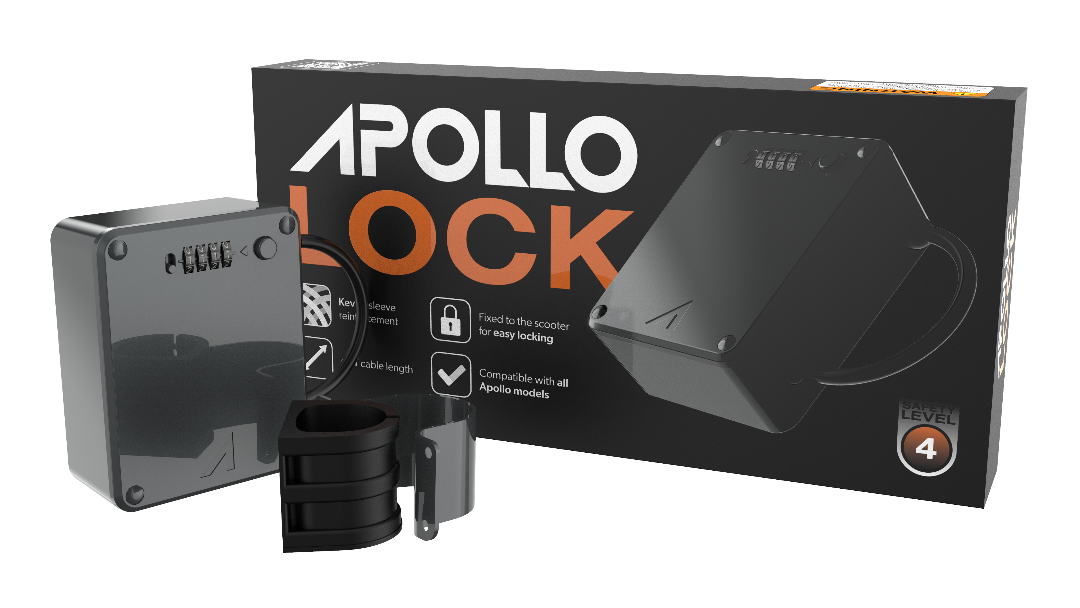 The image shows the Apollo Lock, which includes the physical retractable steel cable lock and its aircraft-grade aluminum housing, along with the product packaging box.