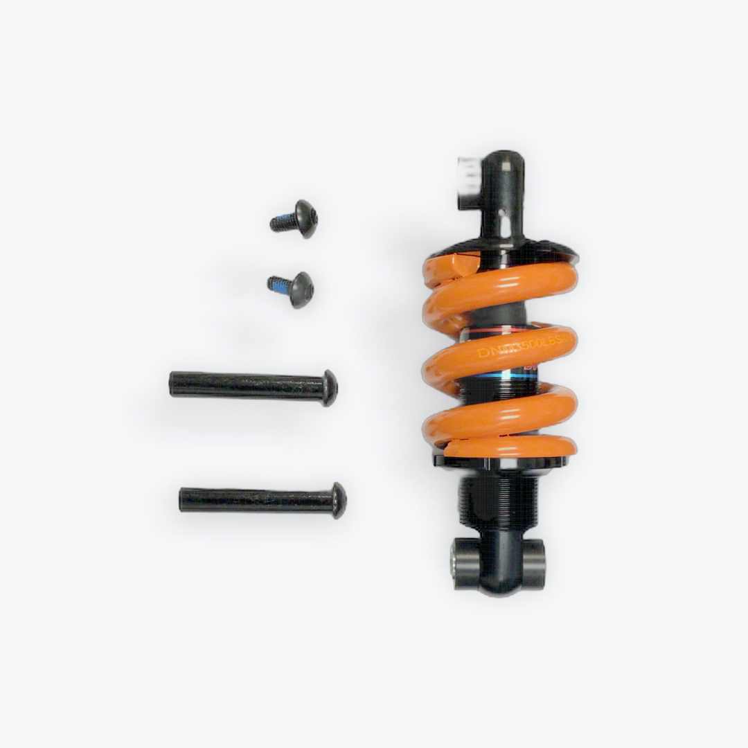 Electric scooter shock absorber with mounting screws on a white background