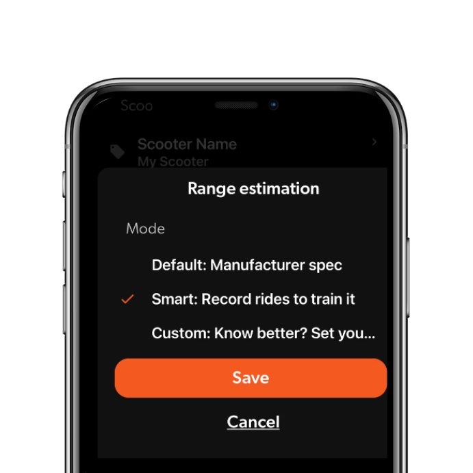 Smartphone displaying a range estimation app on a white background