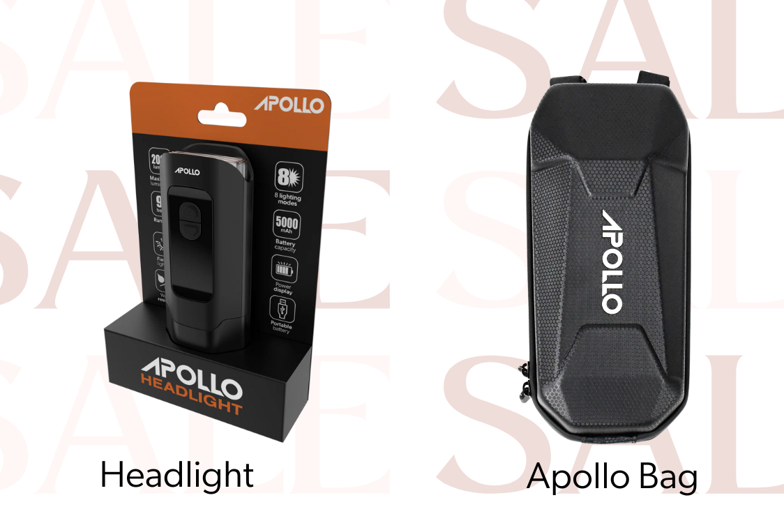 Apollo products including a headlight, bag, and lock on a sale background