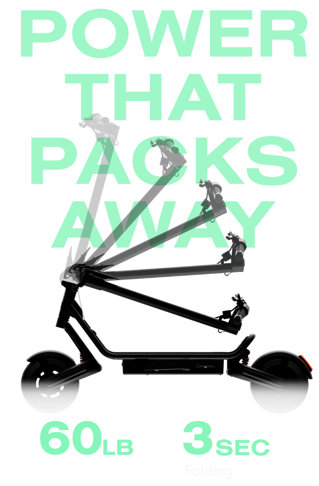 Black scooter with text 'Power That Packs Away' on a white background