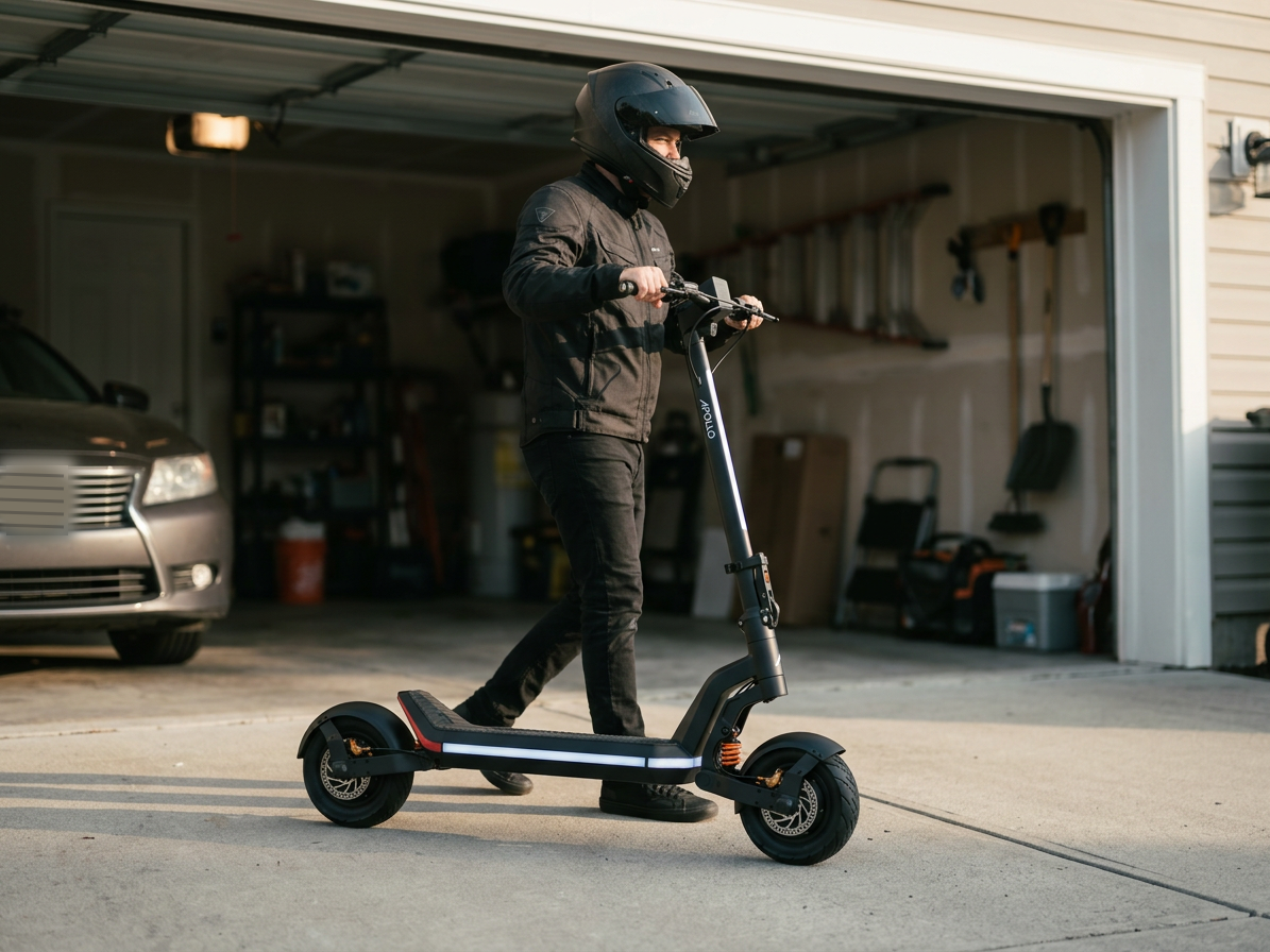 Rider leaving a garage on the Apollo Phantom 2.0 Stellar