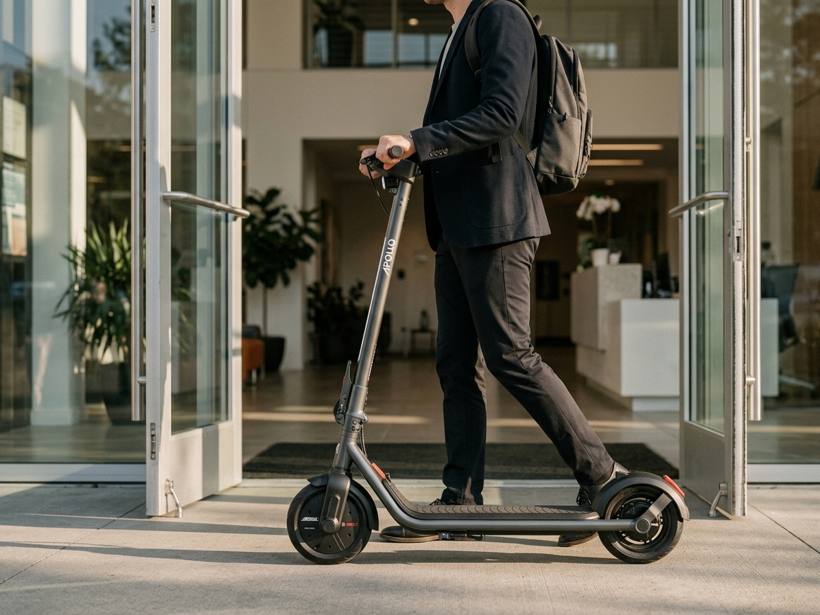 Rider with the Apollo Dash at an office entrance