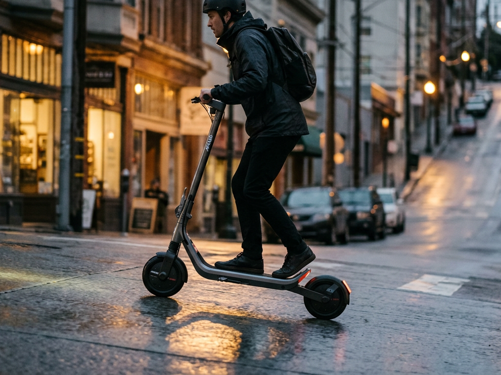 Rider climbing a steep city street on the Apollo Go Stellar