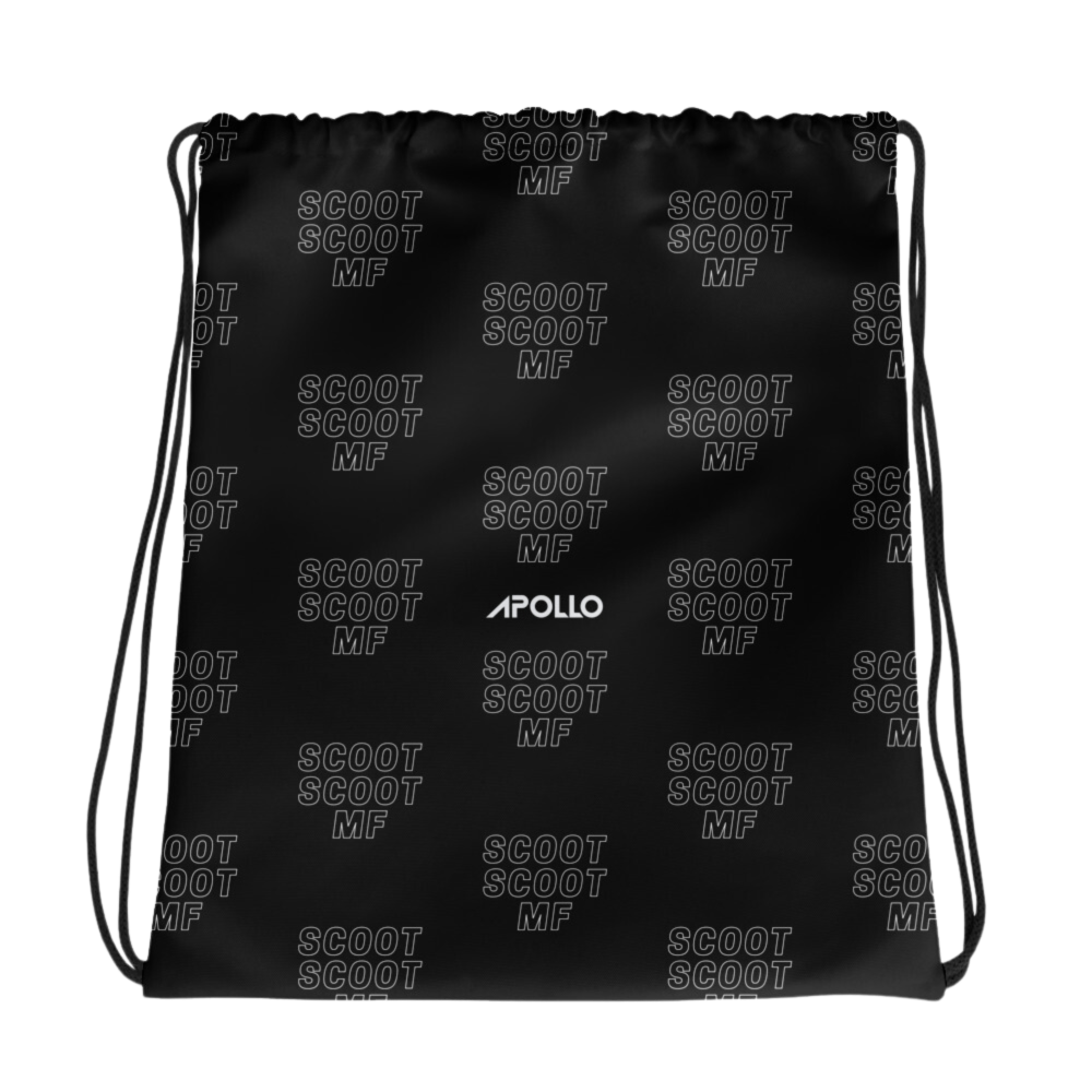 A black drawstring bag with the text 'Scoot Scoot' and the brand name 'Apollo' printed on it.